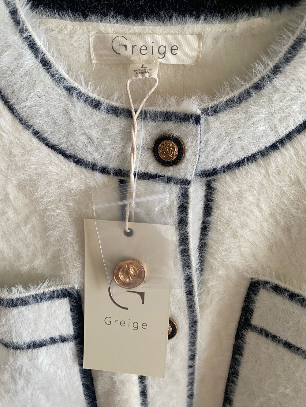 Greige White Chanel style Cardigan with black trim Large Anthropologie NWT - Picture 3 of 3